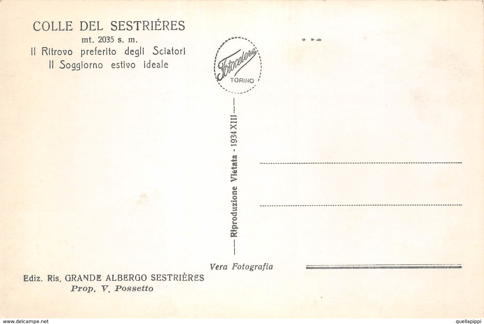 09495 "COLLE DEL SESTRIERE - MT. 2035 - IL GRANDE ALBERGO SESTRIERES - 1934""  ANIMATA, AUTO. CART NON SPED - Altri & Non Classificati