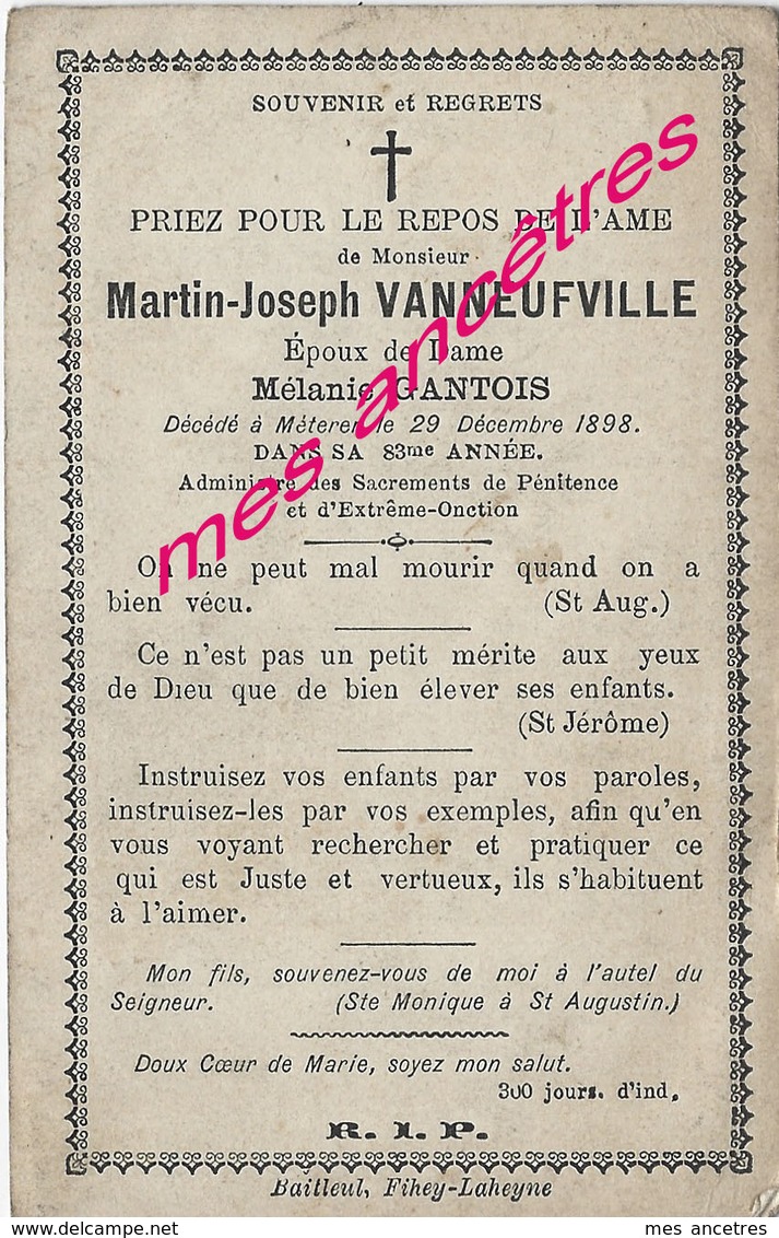 En 1898-Meteren (59) Martin VANNEUFVILLE Ep Mélanie GANTOIS 83 Ans - Esquela