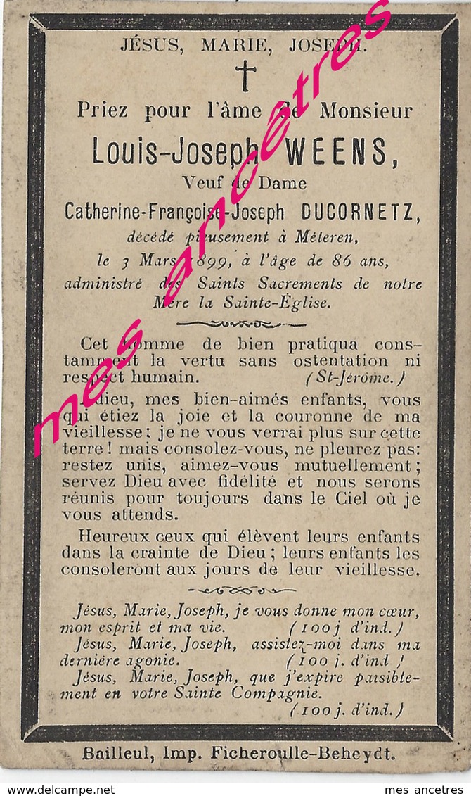 En 1899-Meteren (59) Louis WEENS Ep Catherine DUCORNETZ 86 Ans - Obituary Notices