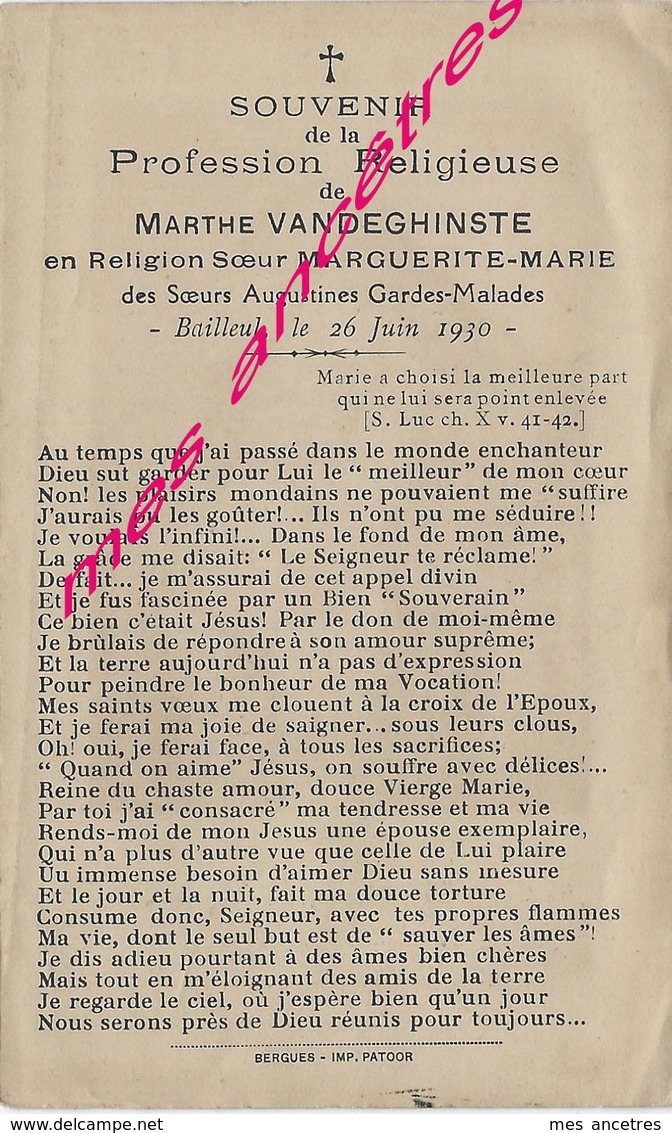 En 1930 Bailleul-soeur Marguerite Marie-Marthe VANDEGHINSTE Entre En Religion Soeur Augustine Des Gardes-malades - Autres & Non Classés