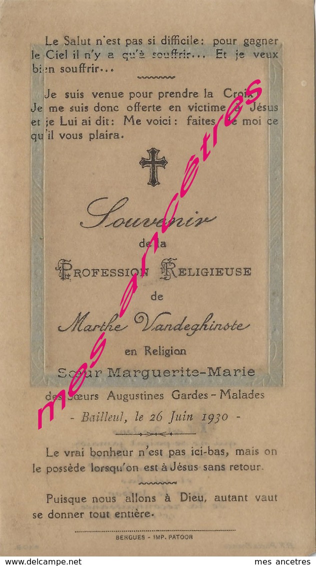 En 1930 Bailleul-soeur Marguerite Marie-Marthe VANDEGHINSTE Entre En Religion Soeur Augustine Des Gardes-malades - Autres & Non Classés