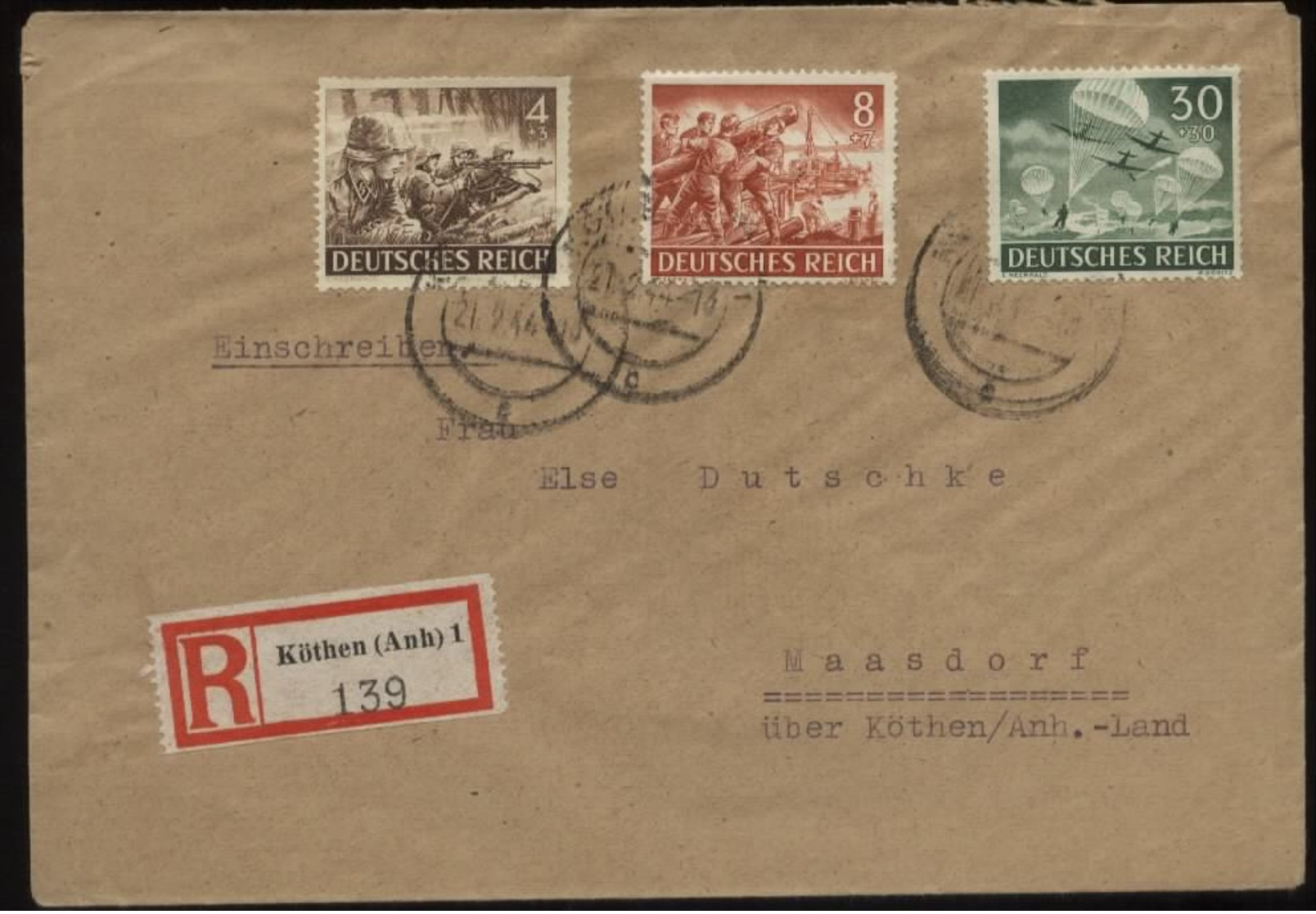 WW II DR R - Briefumschlag Mit Wehrmacht I Sonderbriefmarken: Gebraucht Köthen Anhalt - Maasdorf 1944 , Bedarfserhaltu - Covers & Documents