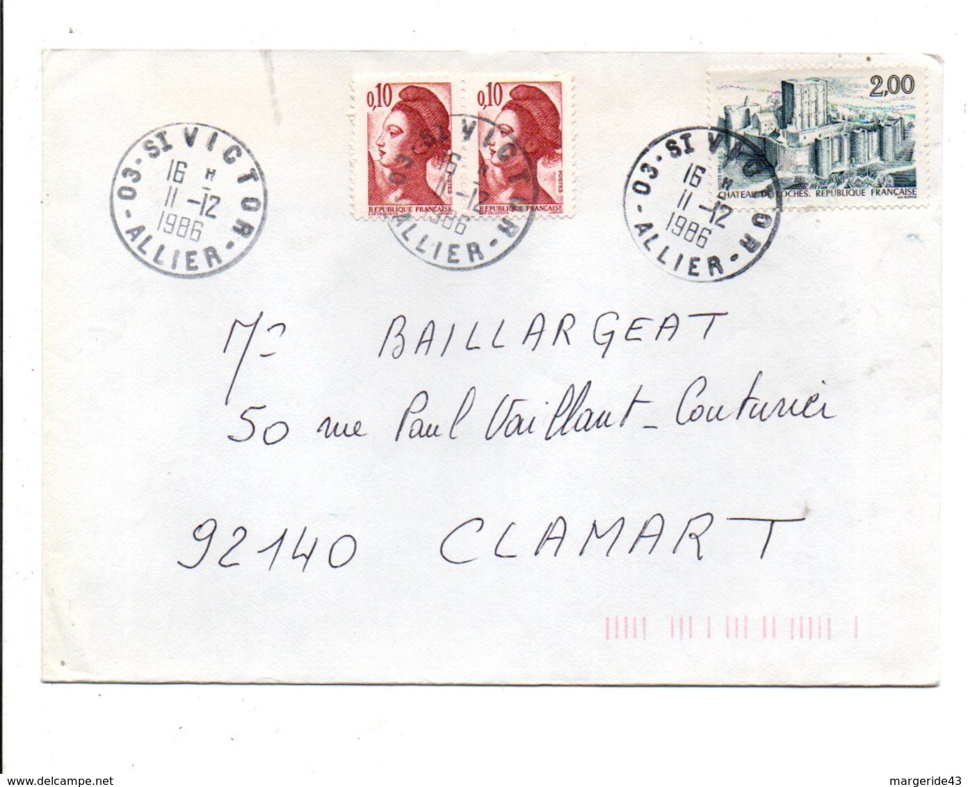 AFFRANCHISSEMENT COMPOSE SUR LETTRE DE SAINT VICTOR ALLIER 1986 - 1961-....