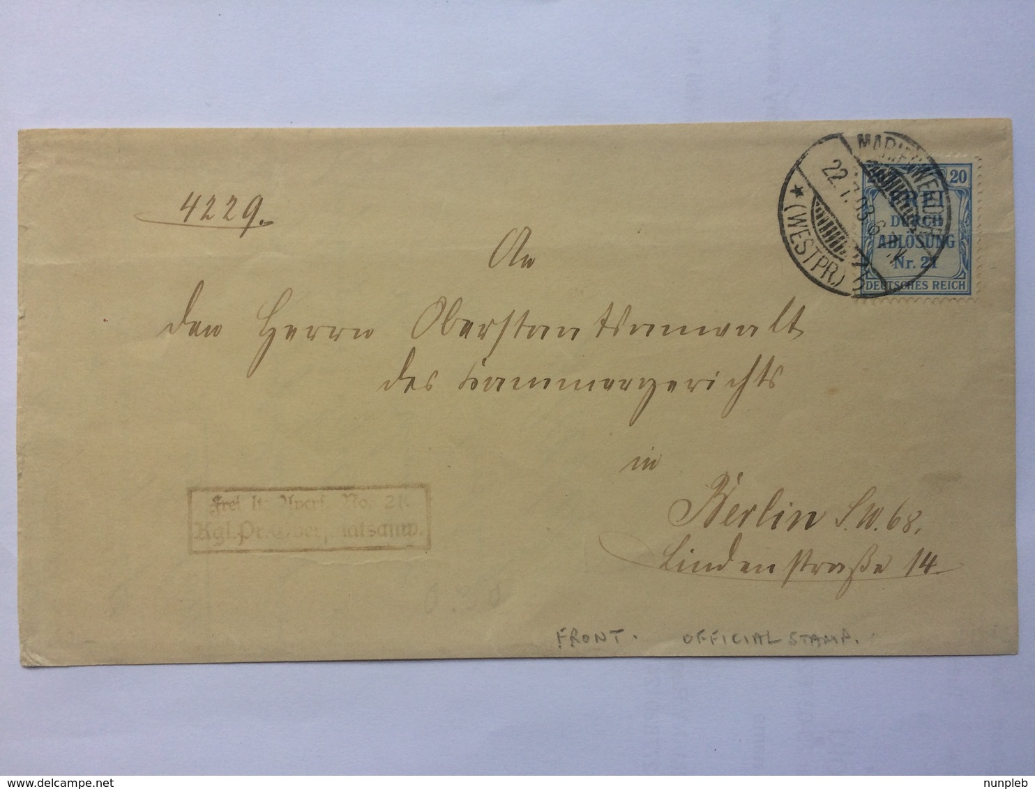 GERMANY 1908 Front Of Cover With `frei Durch Ablosung` Stamp Marienwerder To Berlin - Lettres & Documents