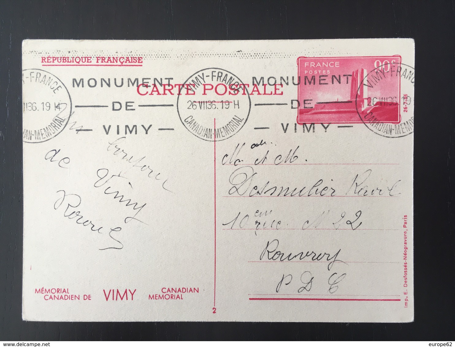 1936 Vimy Entier Postal 2 Canadien Mémorial - Lettres & Documents