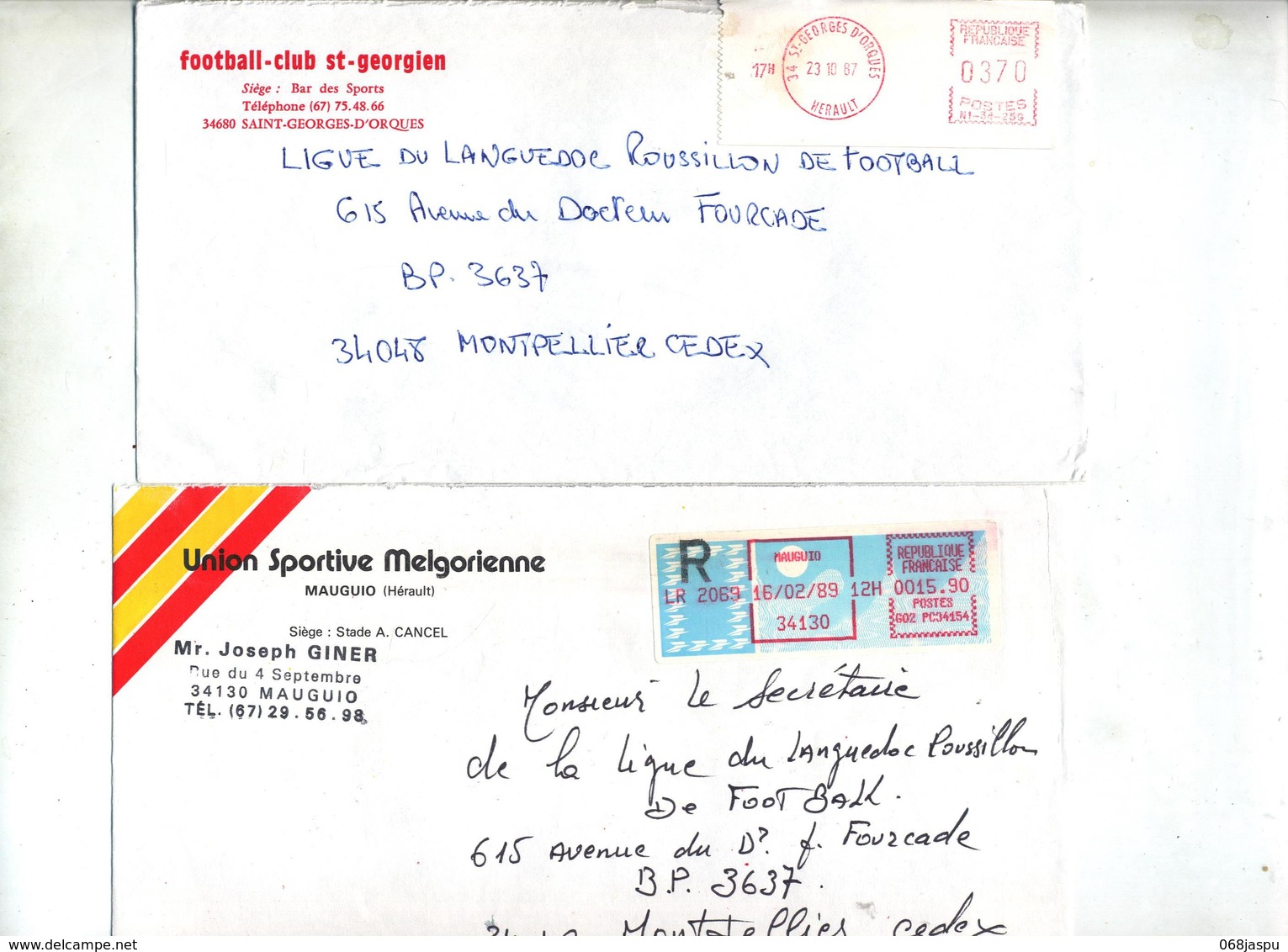 lot 44 lettre recommandée cachet + machine  herault à voir entete club football