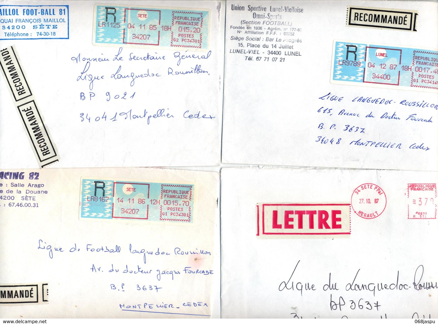 lot 44 lettre recommandée cachet + machine  herault à voir entete club football