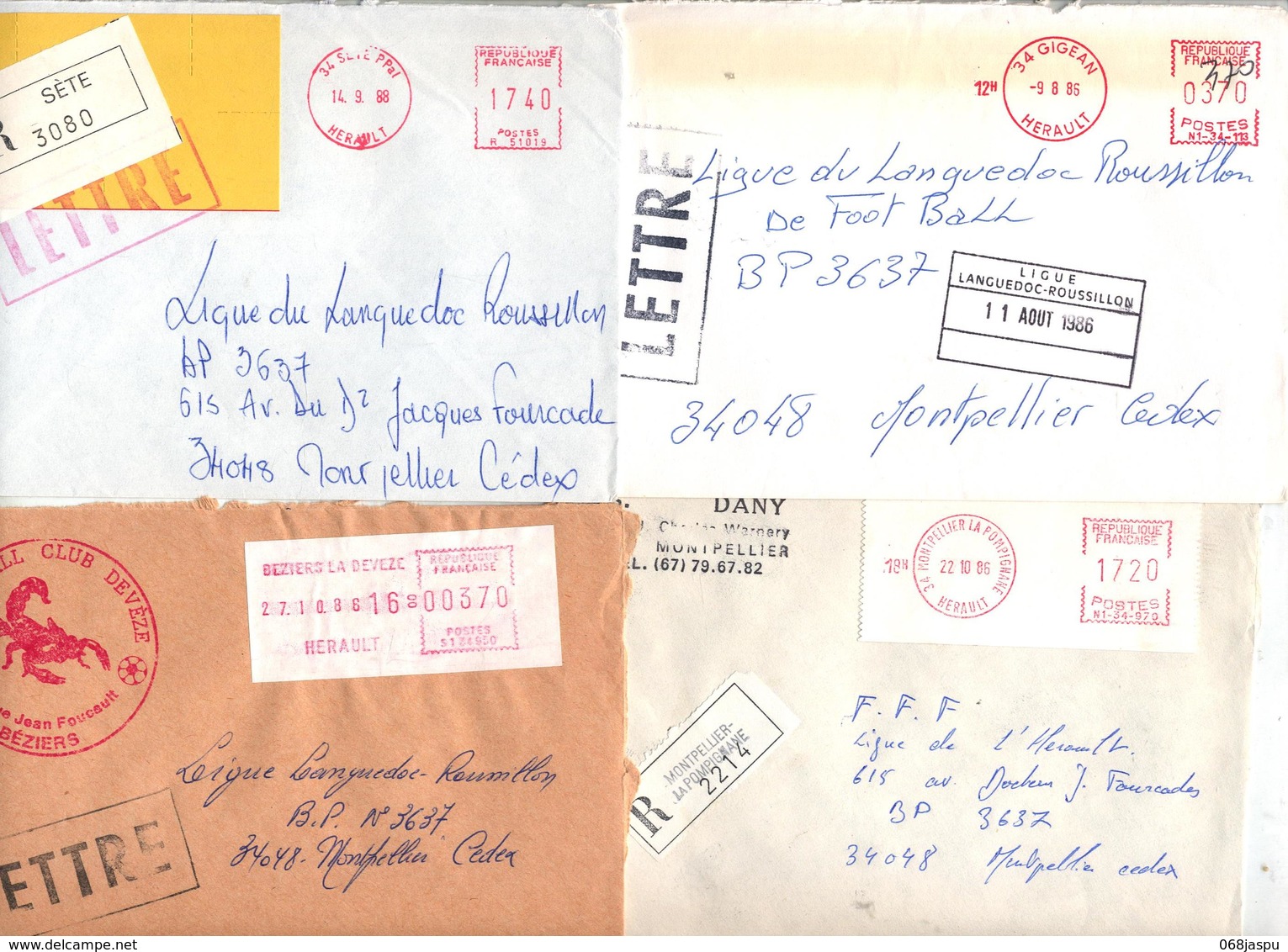 lot 44 lettre recommandée cachet + machine  herault à voir entete club football