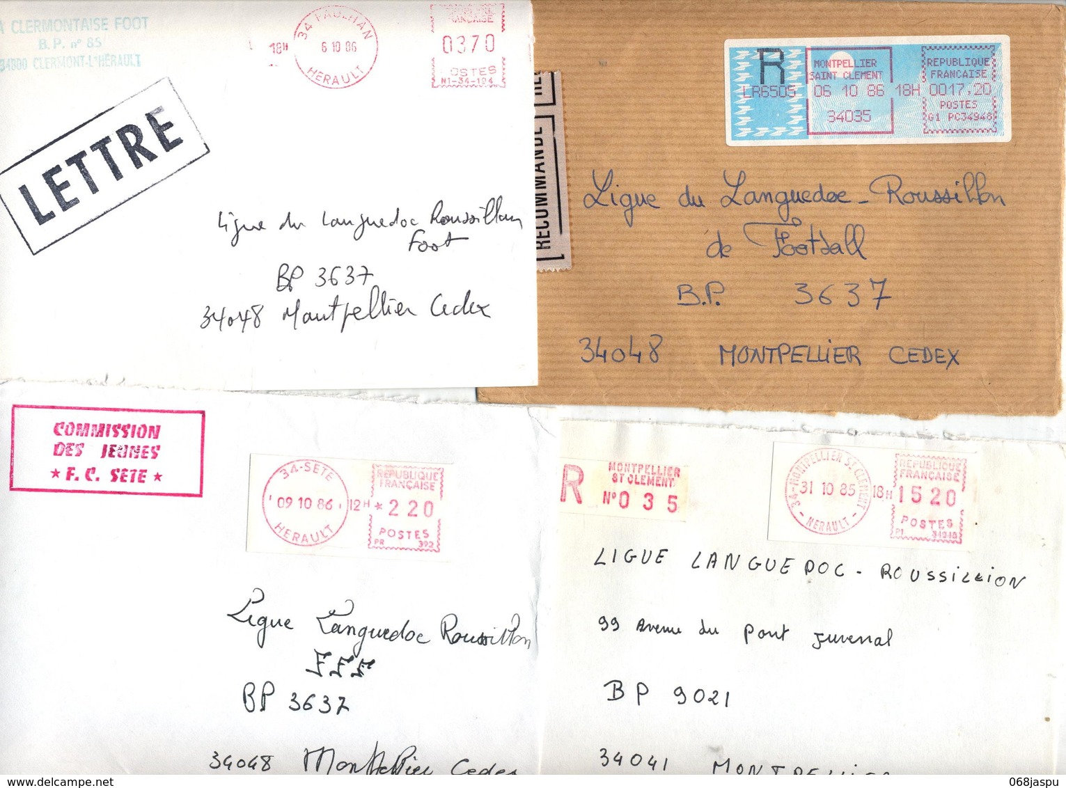 lot 44 lettre recommandée cachet + machine  herault à voir entete club football