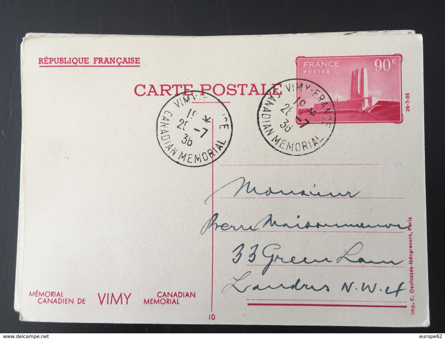 1936 Vimy Entier Postal 10 Canadian Mémorial - Lettres & Documents