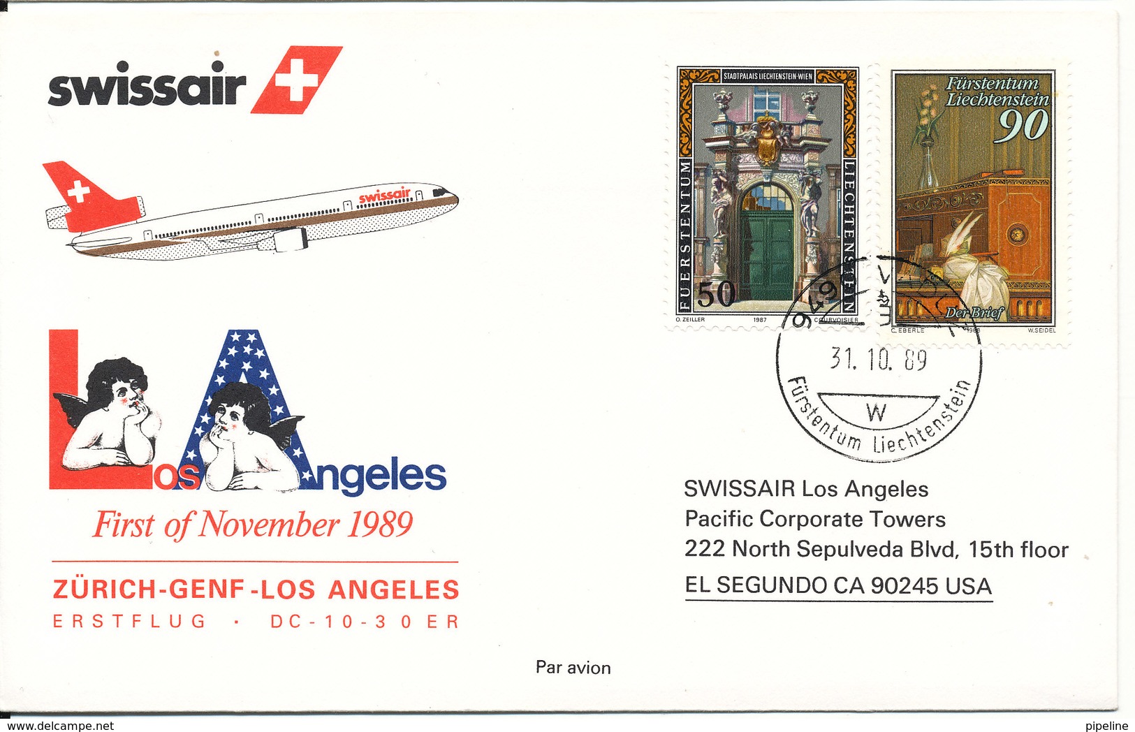 Liechtenstein Swissair First Flight Zurich - Genf - Los Angeles 1-11-1989 - Covers & Documents