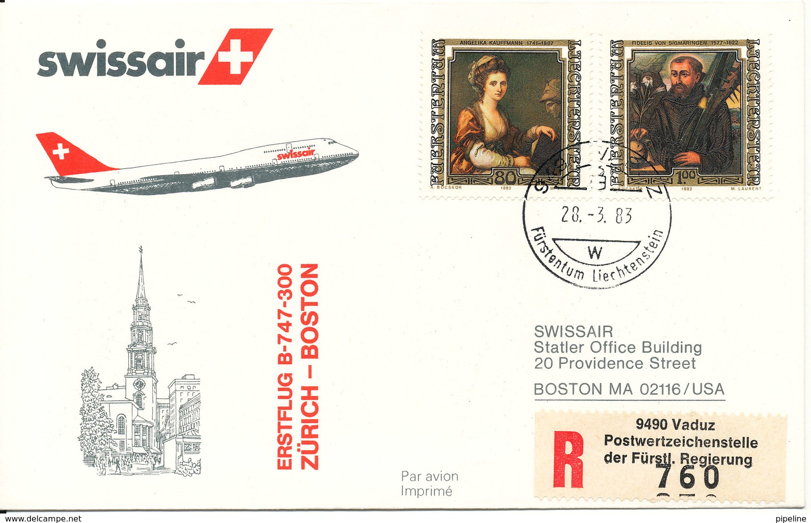 Liechtenstein Swissair First Flight Zurich - Boston B-747-300 28-3-1983 - Covers & Documents