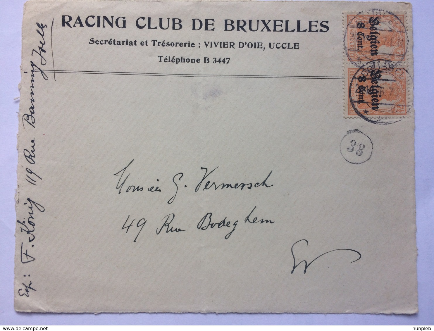 BELGIUM German Occupation WW1 Front Of Cover From `Racing Club De Bruxelles - OC38/54 Belgian Occupation In Germany