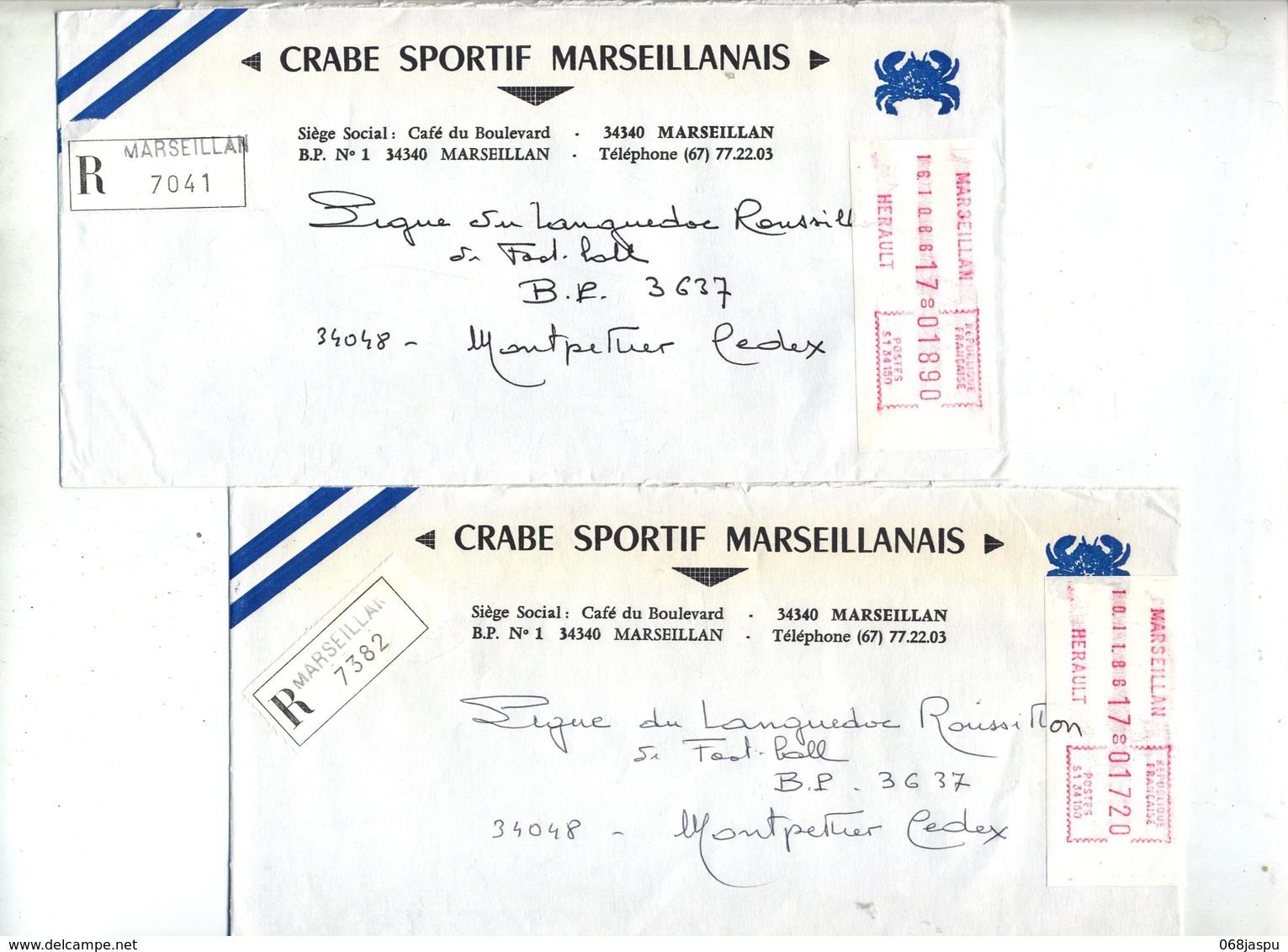 lot 25 lettre recommandée cachet + machine marseillan  à voir entete club football