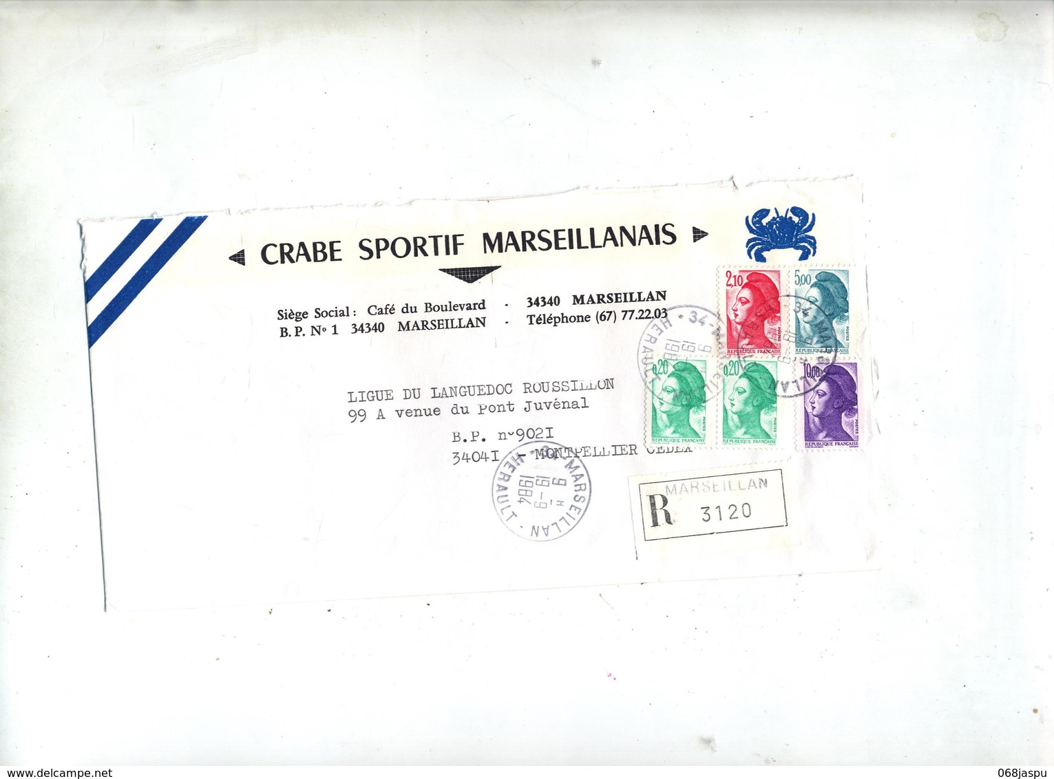 lot 25 lettre recommandée cachet + machine marseillan  à voir entete club football