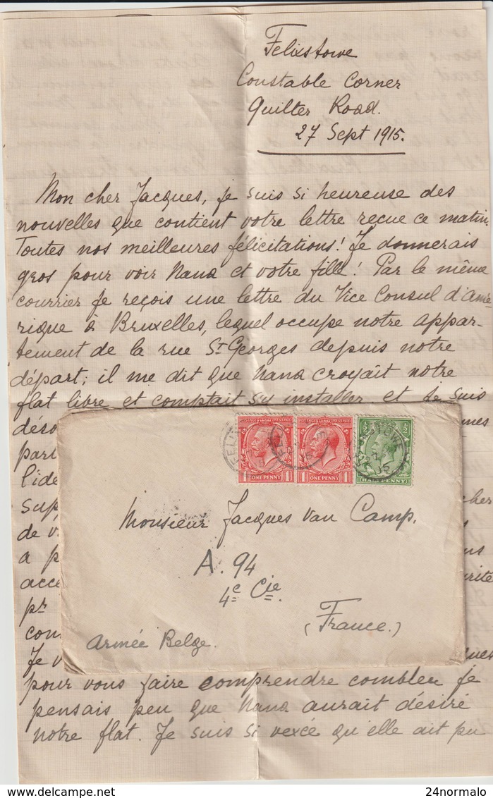 Letter From Feliwstowe For The Belgian Army In France 1915 - Marcophilie