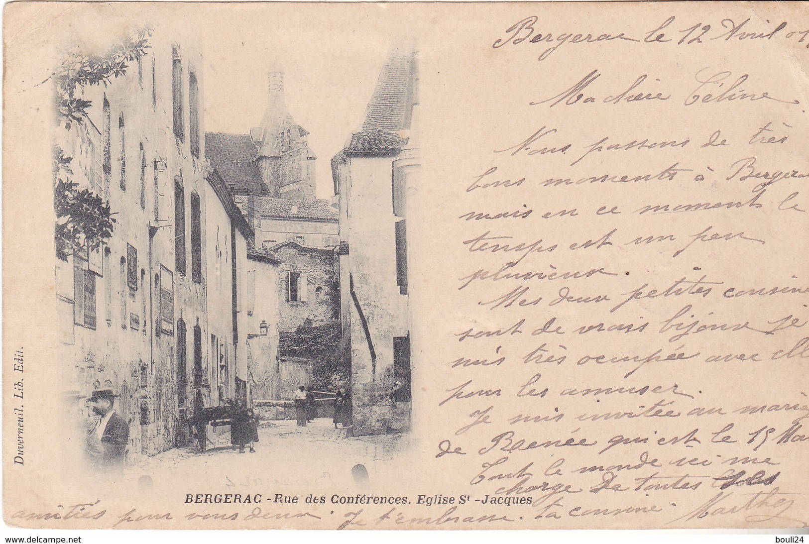 BERG19-  BERGERAC    EN DORDOGNE RUE DES CONFERENCES EGLISE SAINT JACQUES  CPA  CIRCULEE  RARE PRECURSEUR - Bergerac