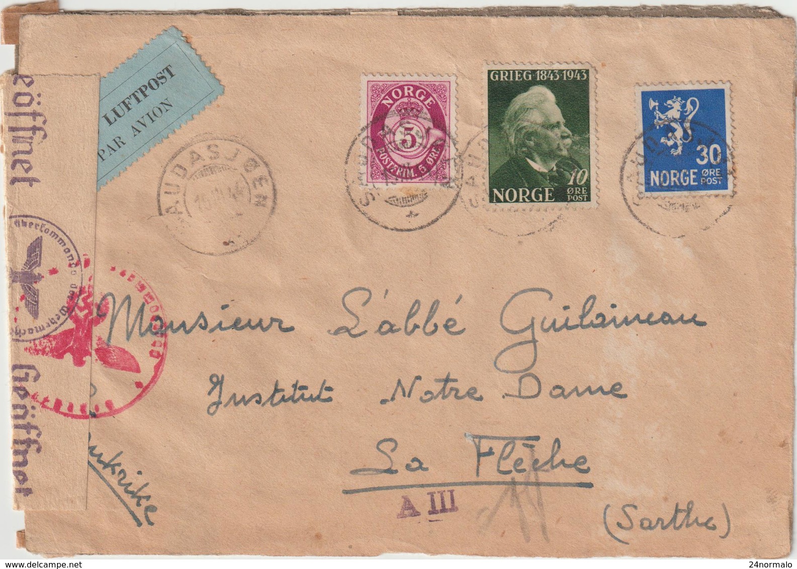 Letter By Air Saudasjoen For France, Geman Censorship  1944 - Lettres & Documents