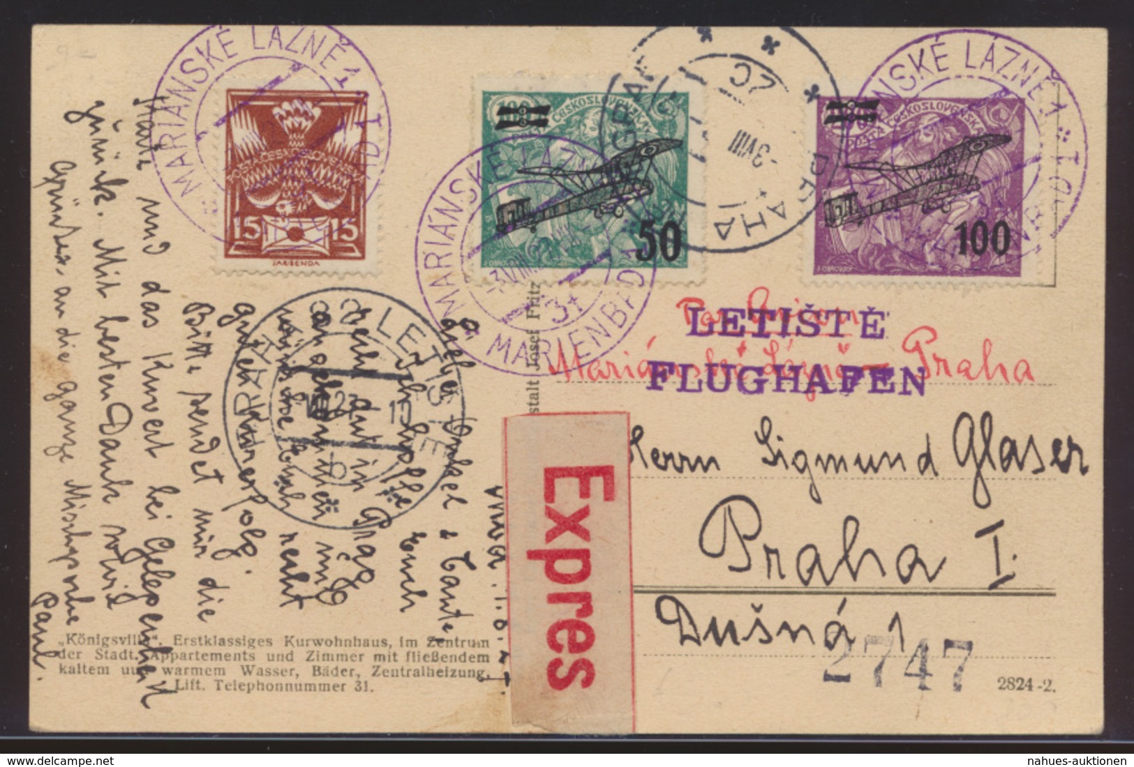 Flugpost Air Mail Tschechoslowakei Express Ab Marienbad N Prag Auf Ansichtskarte - Sonstige & Ohne Zuordnung