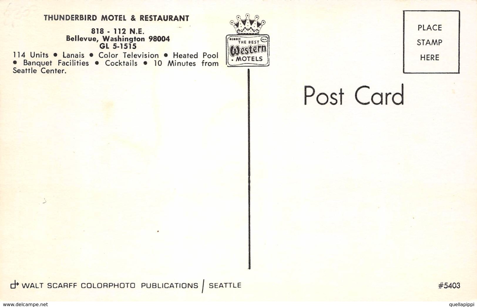 09505 "WASHINGTON - BELLEVUE - THUNDERBIRD MOTEL & RESTAURANT" AUTO. CART NON SPED - Bellevue