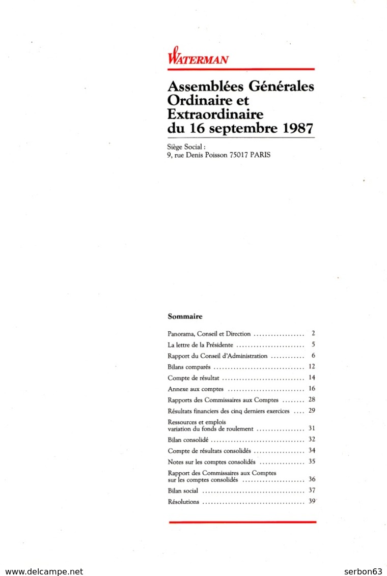 WATERMAN UNE PUBLICITÉ DE 40 PAGES SUR PAPIER FORT GLACÉ EXERCICE 1986/1987. FERMETURE LIBRAIRIE PAPETERIE SITE Serbon63 - Pens