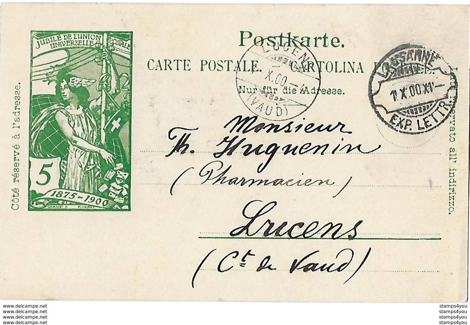 162 - 76 - Entier Postal UPU Avec Cachet Lame De Rasoir Lausanne 1900 - Entiers Postaux