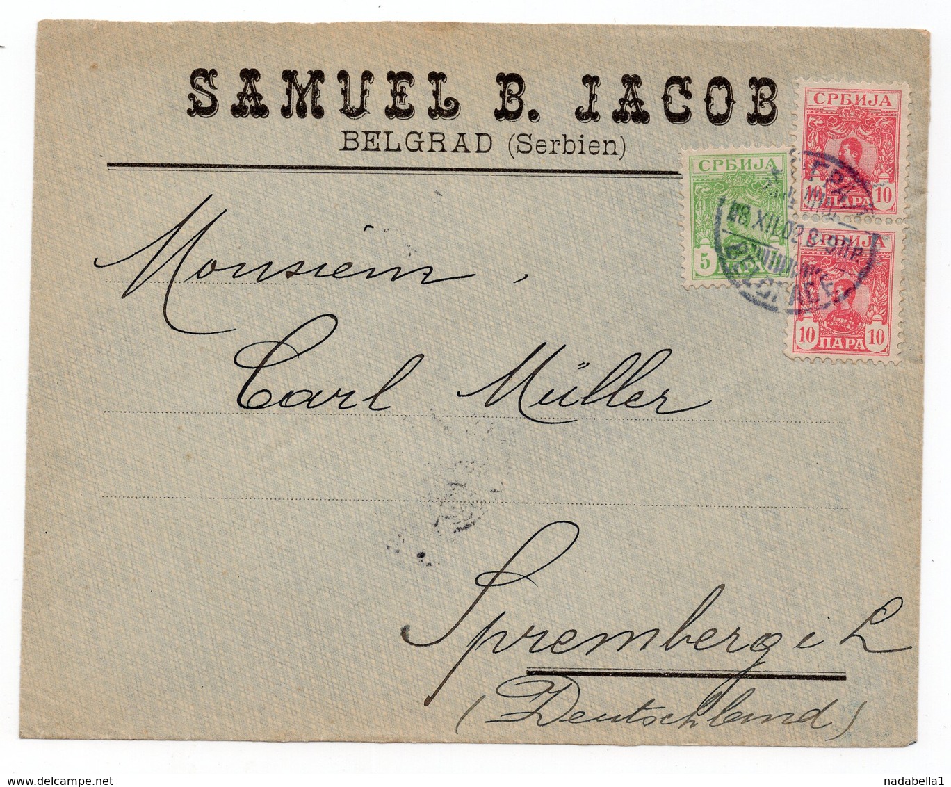 1903 SERBIA JUDAICA, BELGRADE TO GERMANY, SAMUEL  JACOB, LETTER FRONT ONLY - Serbia