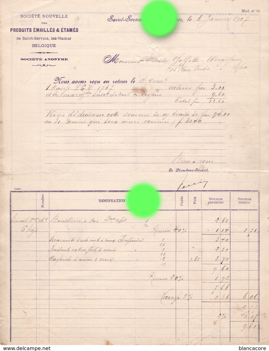 SAINT SERVAIS LEZ NAMUR Société Nouvelle Des Produits Emaillés Et Etamés  1907 - Autres & Non Classés