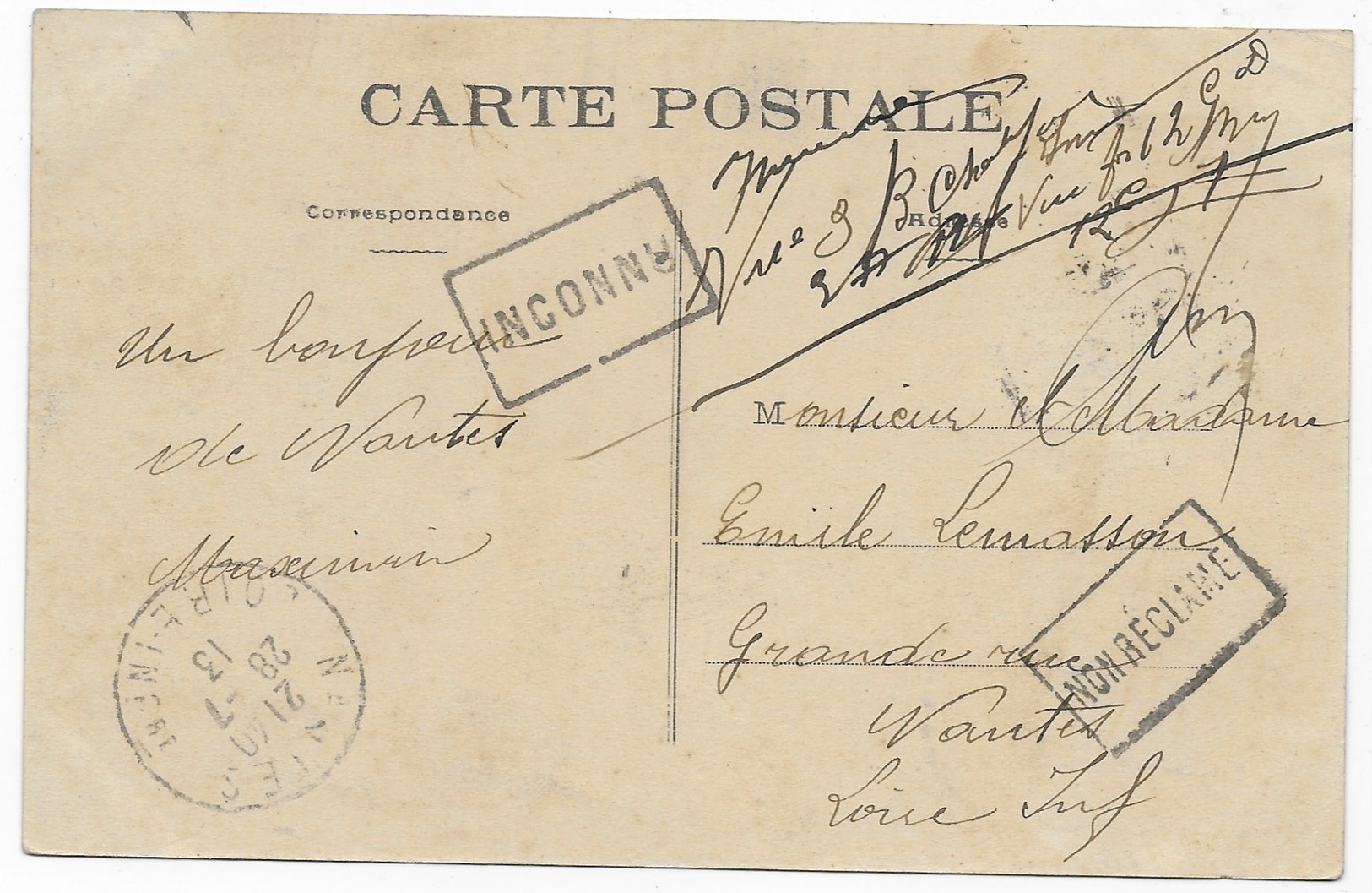Nantes Ecroulement Du Pont Maudit (16 Juillet 1913) Rare Avec Cachet De La Poste Inconnu Et Non Réclamé - Nantes