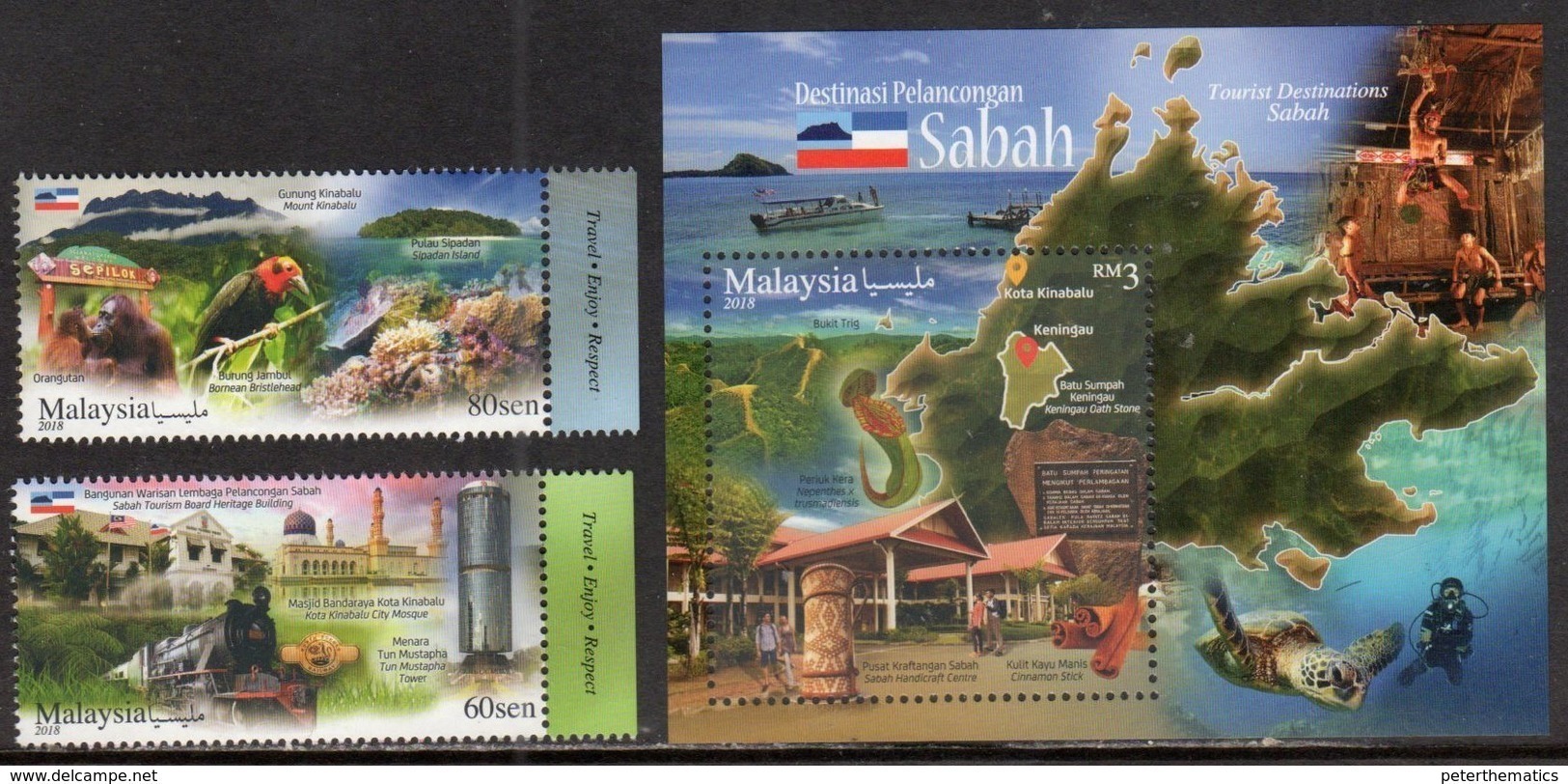 MALAYSIA, 2018, MNH, SABAH TOURIST DESTINATIONS, TURTLES, CORALS, BIRDS, TRAINS, MOUNTAINS,ORANG UTANS, 2v+S/SHEET - Turtles