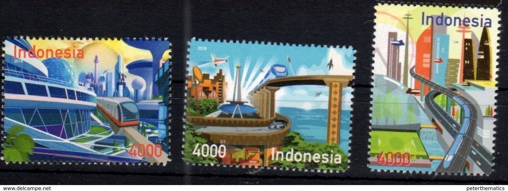 INDONESIA, 2018, MNH, ROAD TO 2045, TRAINS, PLANES, 3v - Trains