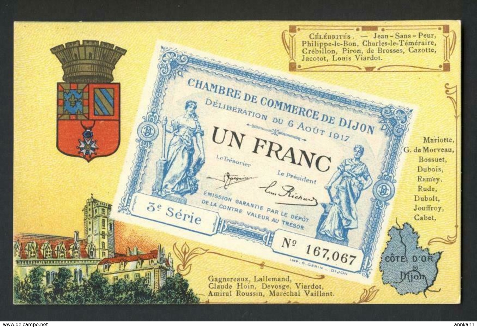 Chambre De Commerce - De Dijon - Picture Of Un Franc Billet Bill Banknote Money Map Crest Scene Celebrities - Monnaies (représentations)