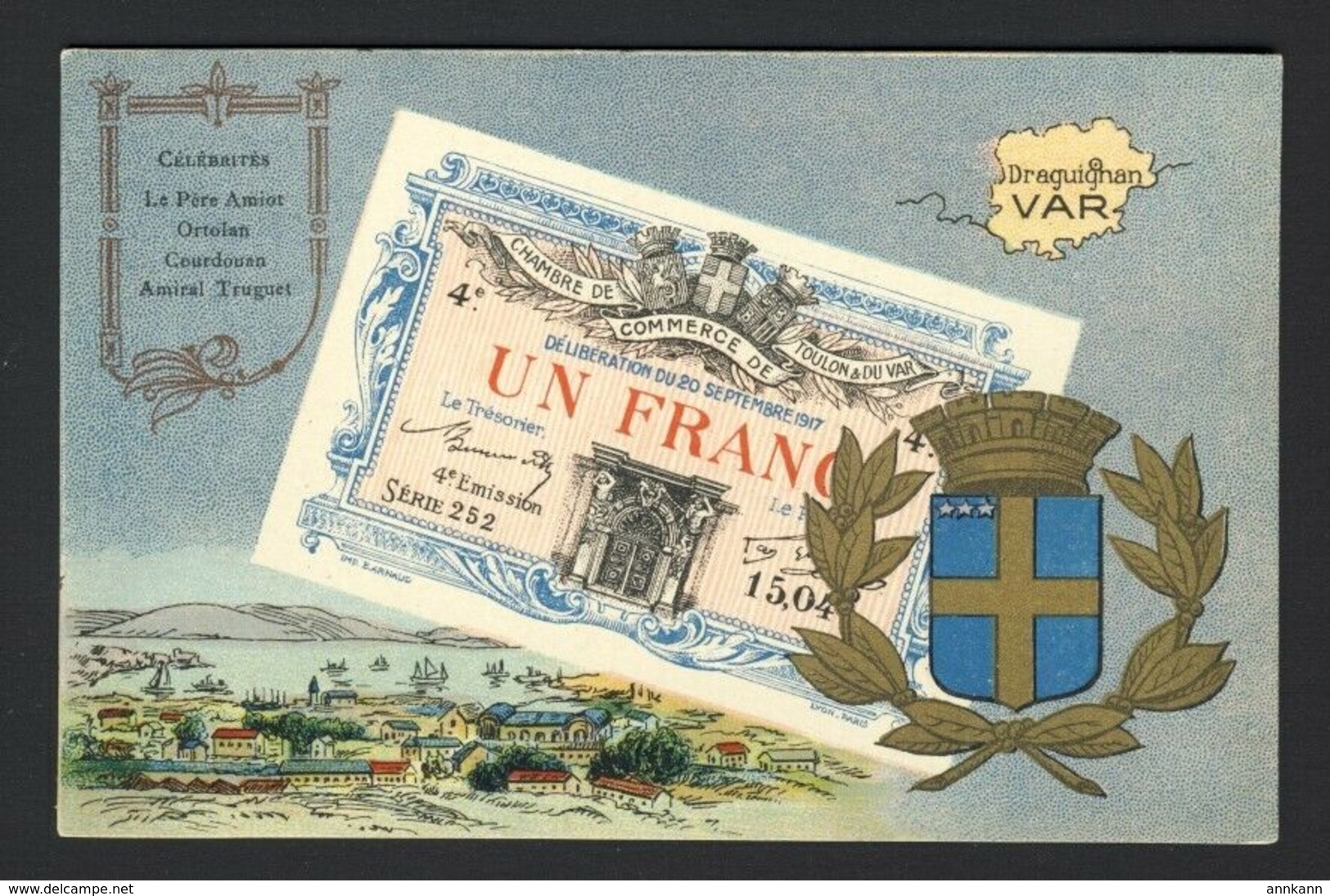 Chambre De Commerce - Toulon Du Var - Picture Of Un Franc Billet Bill Note Money Map Crest Scene Postcard - Münzen (Abb.)