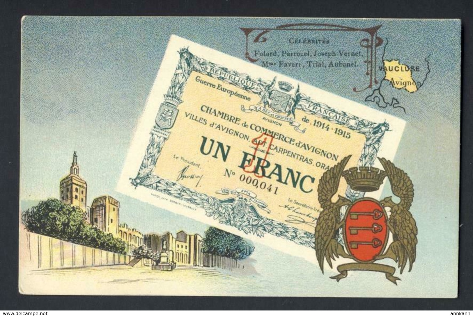 Chambre De Commerce - D'Avignon - Picture Of Un Franc Billet Bill Note Money Map Crest Scene Postcard - Monnaies (représentations)