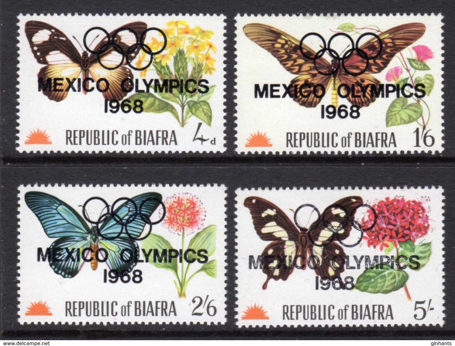 NIGERIA BIAFRA - 1968 BUTTERFLIES MEXICO OLYMPICS O/P SET (4V) FINE MNH ** SG SEE NOTE BELOW SG 17-21 - Nigeria (1961-...)