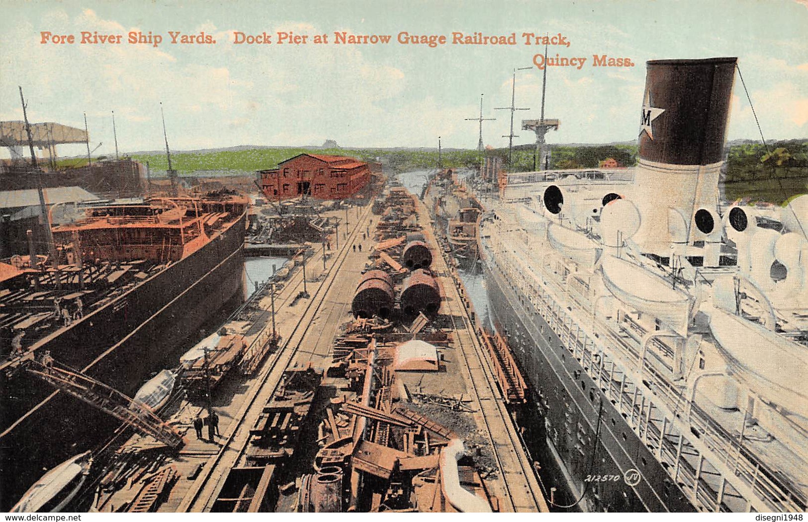 M08602 "FORE RIVER SHIP YARDS-DOCK PIER AT NARROW GUAGE RAILROAD TRACK-QUINCY - MASS."NAVI-TRENI-CART. ORIG. NON SPED. - Altri & Non Classificati