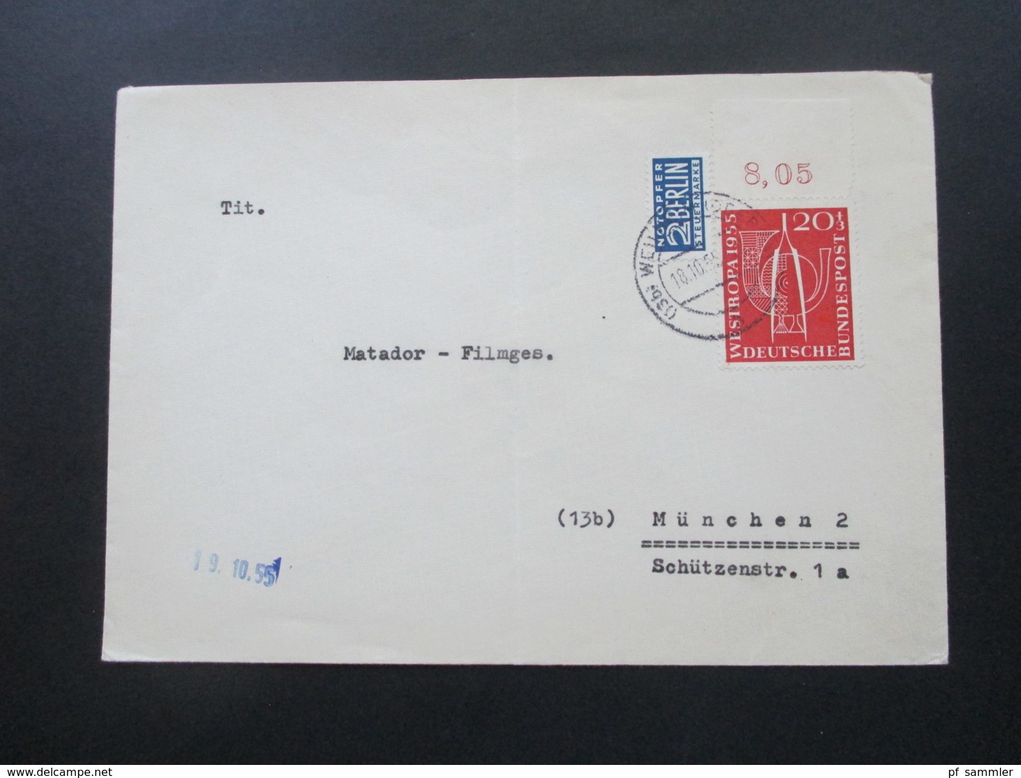 BRD 1955 Int. Briefmarkenausstellung Westropa Nr. 218 EF Vom Oberrand! Post Lichtspiele Weilheim OBB. - Briefe U. Dokumente