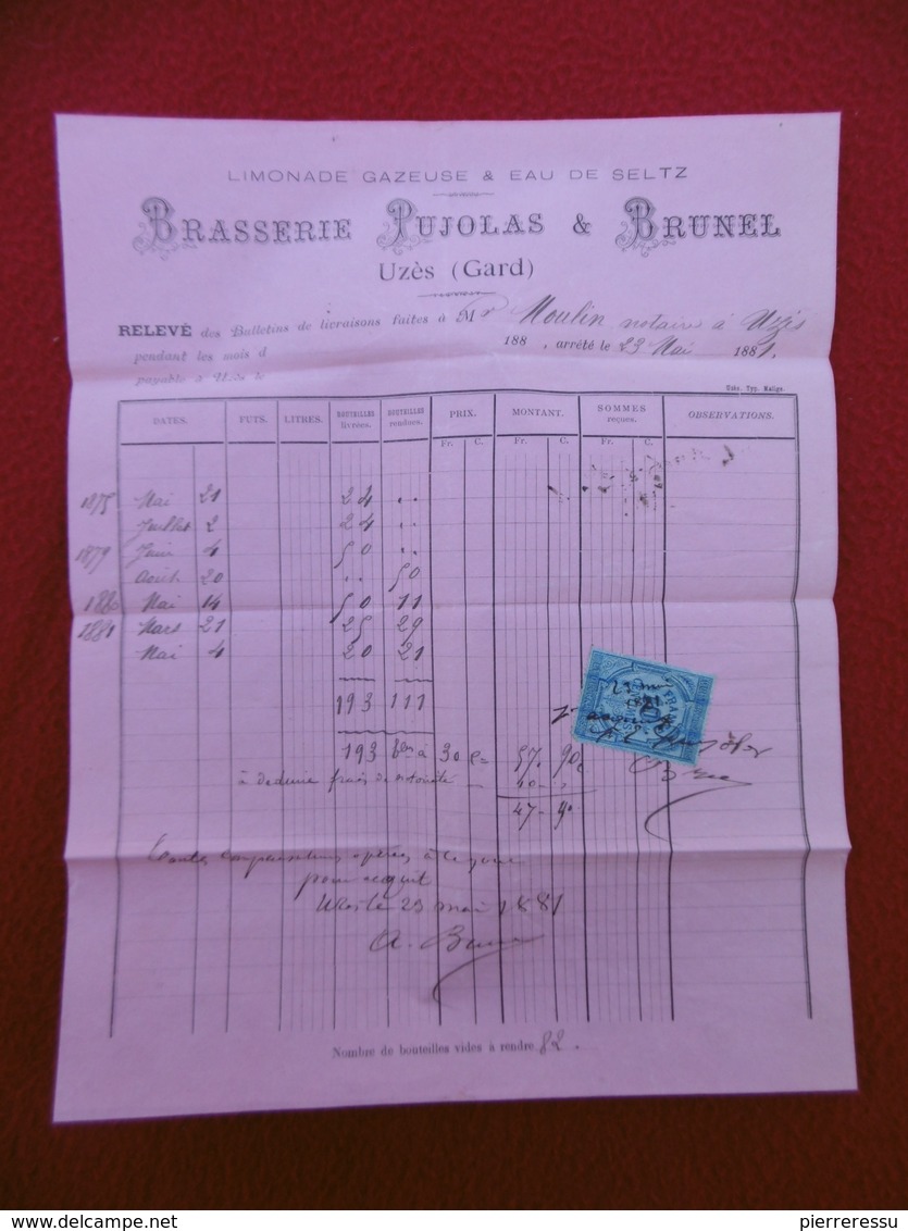 UZES FACTURE BRASSERIE PUJOLAS Et BRUNEL LIMONADE 1881 TIMBRE FISCAL - Autres & Non Classés