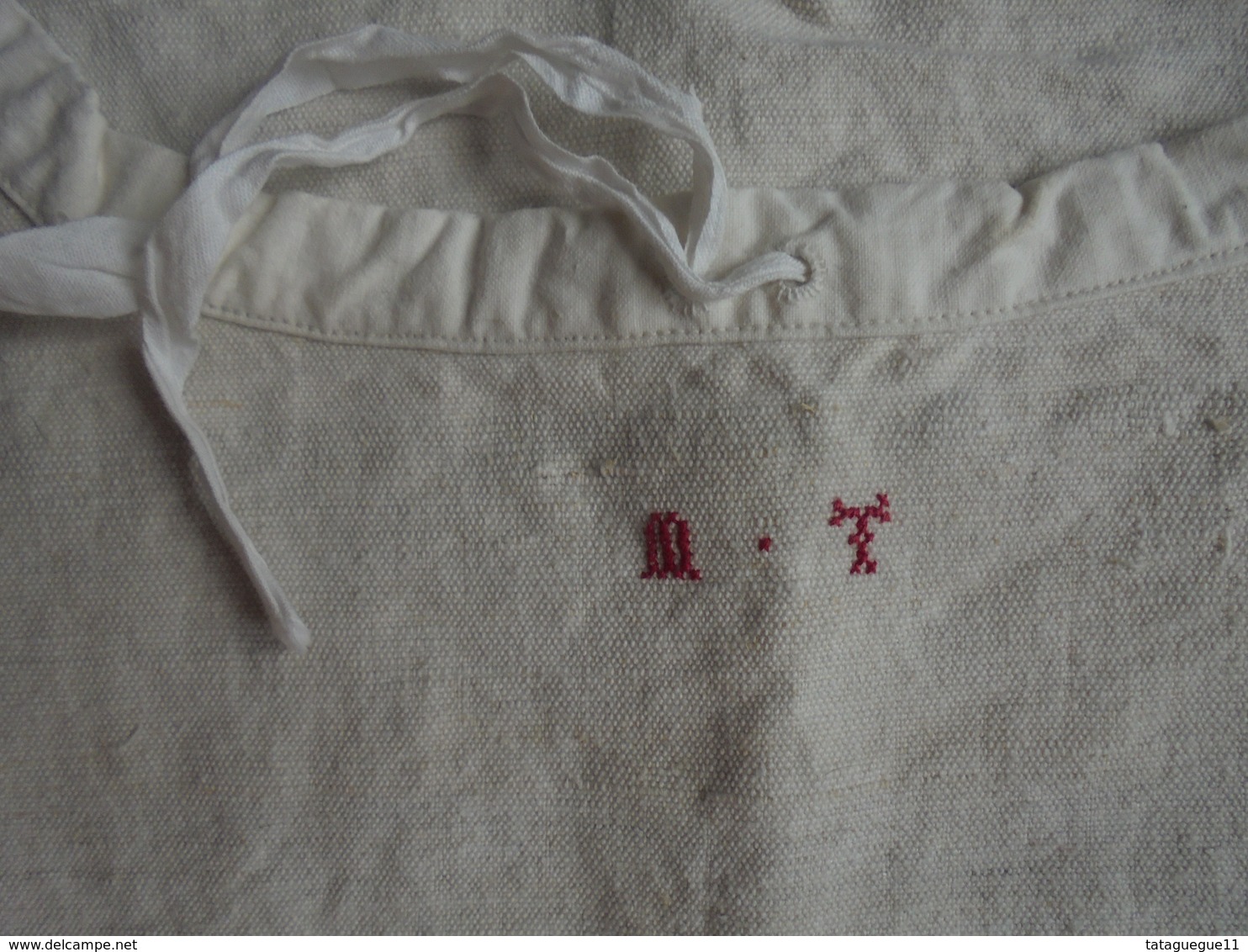 Ancien - Grande Chemise En Lin Monogramme MT (manches Coupées) - 1900-1940