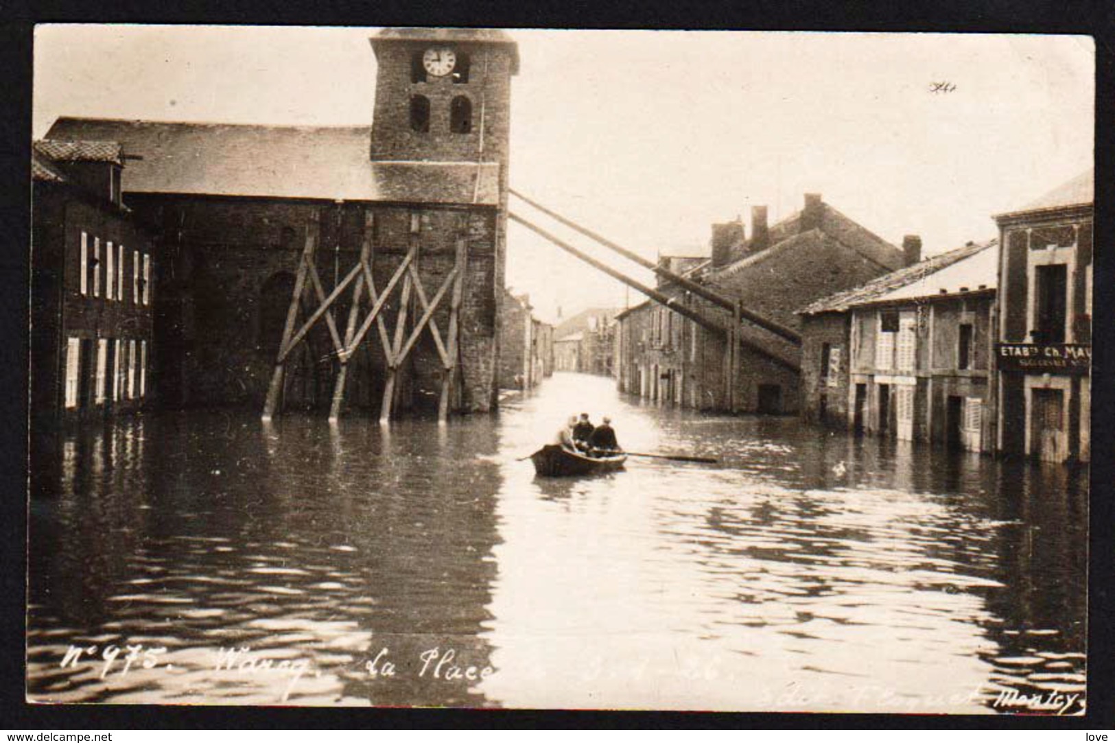 WARCQ: RARE Carte Photo Neuve Sur Les Inondations De Janvier 1926, Avec Animation. L'horloge De L'Eglise Indique L'heure - Autres & Non Classés