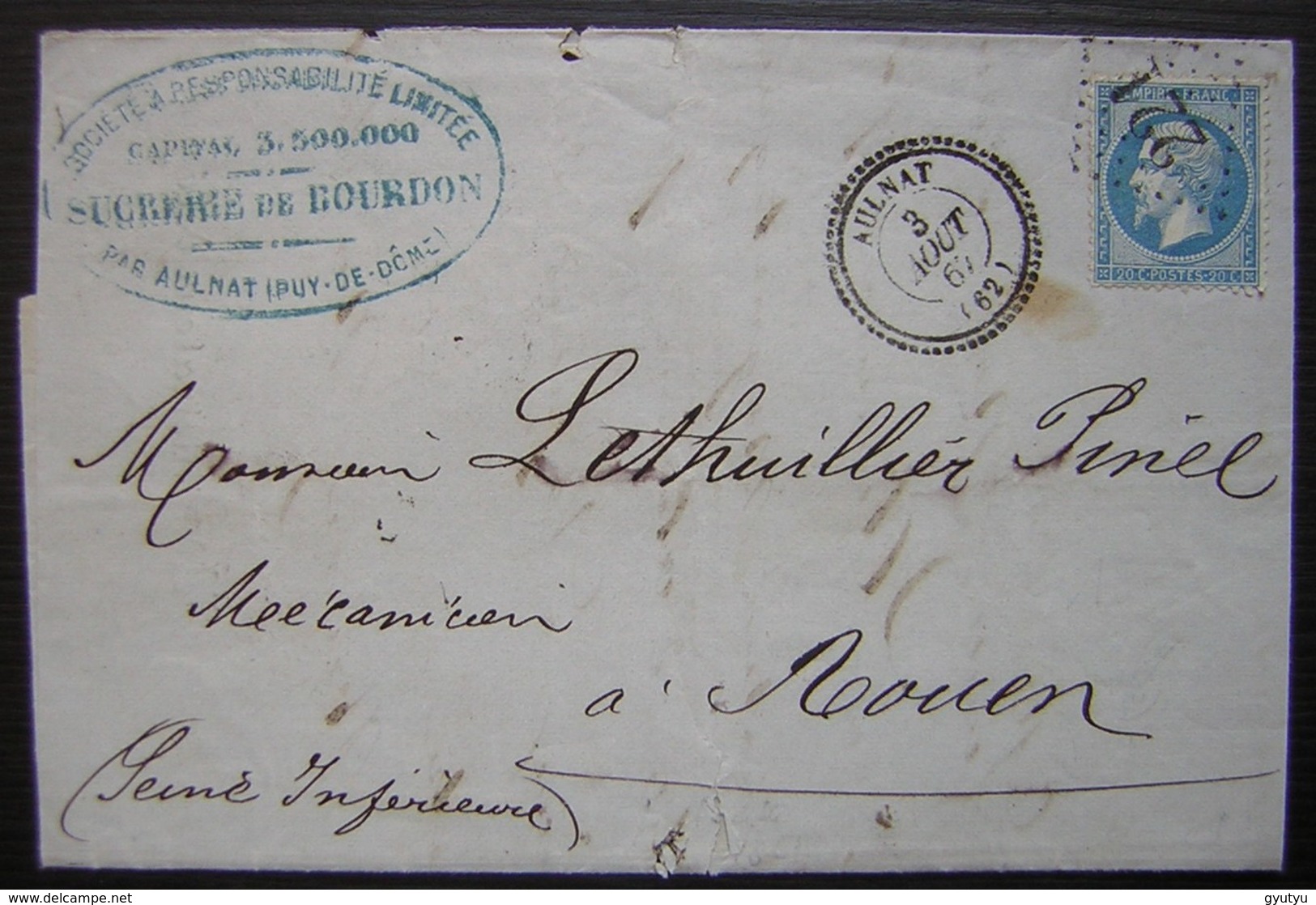 Aulnat 1867 Sucrerie De Bourdon (Puy De Dôme) Gc 221  Joli Cachet Bien Frappé - 1849-1876: Période Classique