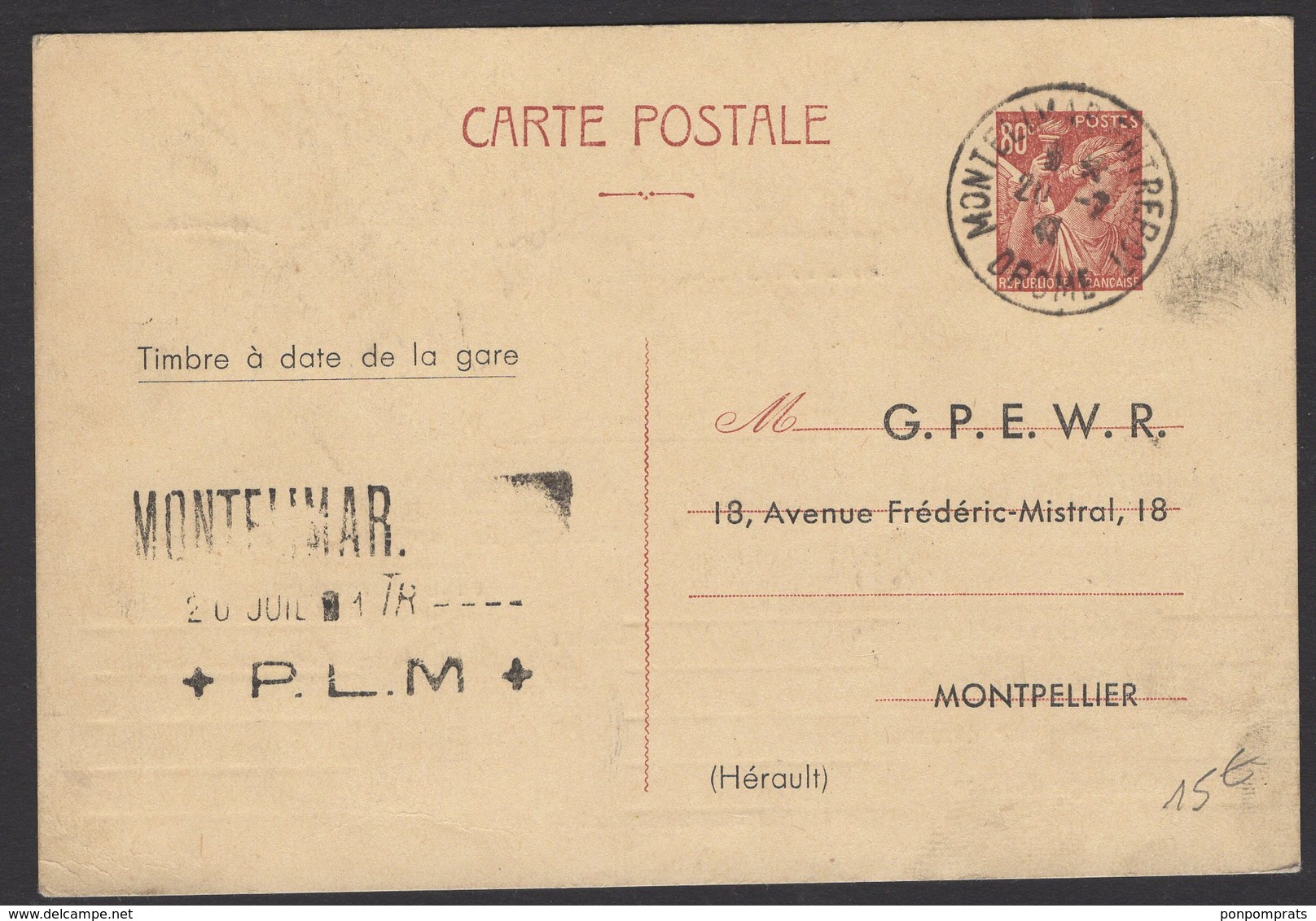 DROME: 80c IRIS Carte InterZone Repiquage G.P.E.W.R. Avec CàD Type A4 + Cachet SNCF MONTELIMART ENTREPOT > MONTPELLIER - Cartoline Postali Ristampe (ante 1955)