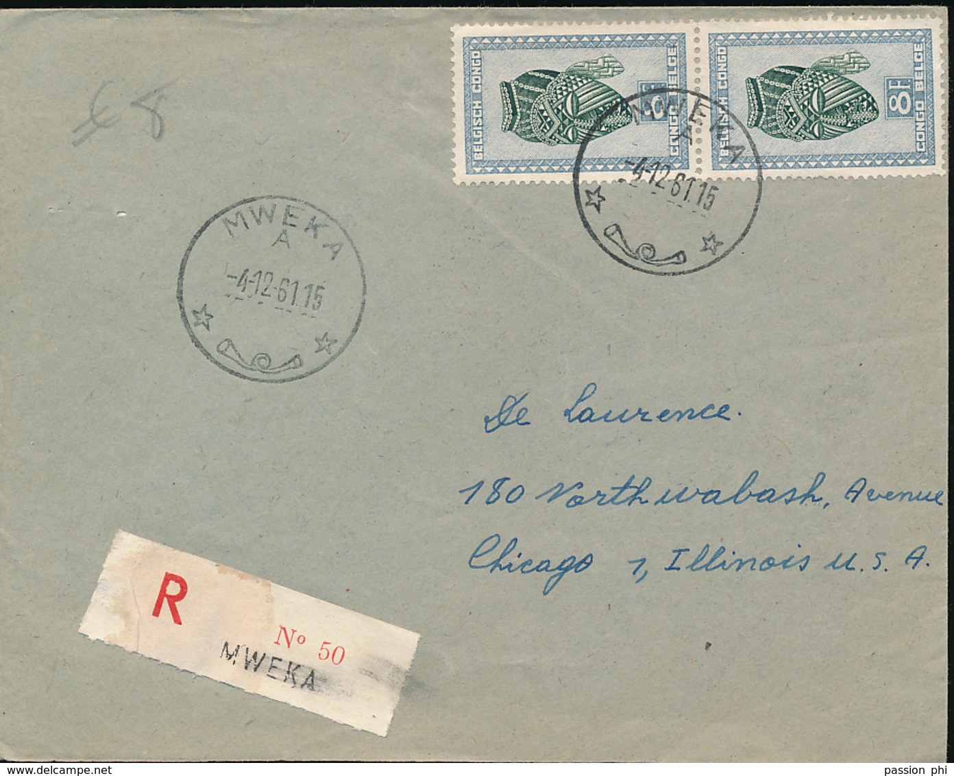 BELGIAN CONGO REGISTERED COVER FROM MWEKA 04.12.61 TO CHICAGO - Storia Postale