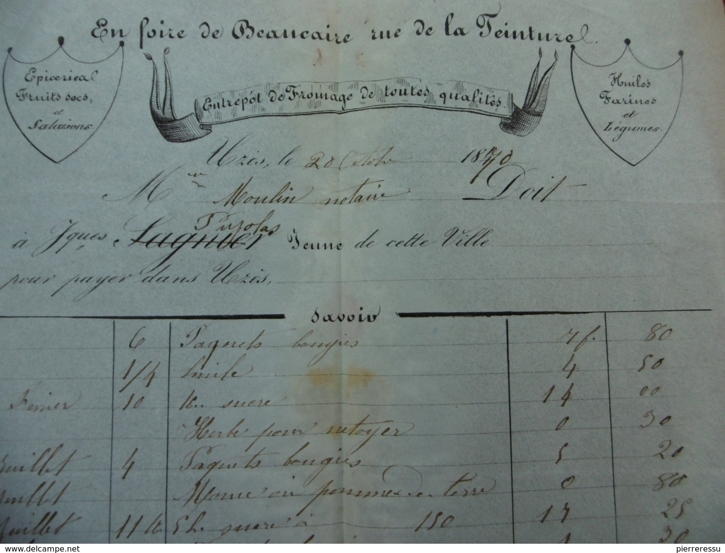 UZES FACTURE ILLUSTRÉE ENTREPOT DE FROMAGES SAGNIER PUJOLAS EN FOIRE A BEAUCAIRE 1870 - Autres & Non Classés