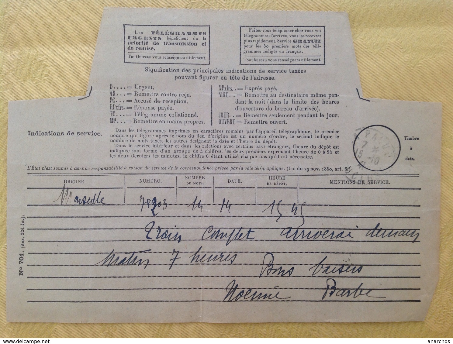 Télégramme Lapalud 1941 - Cachets Manuels