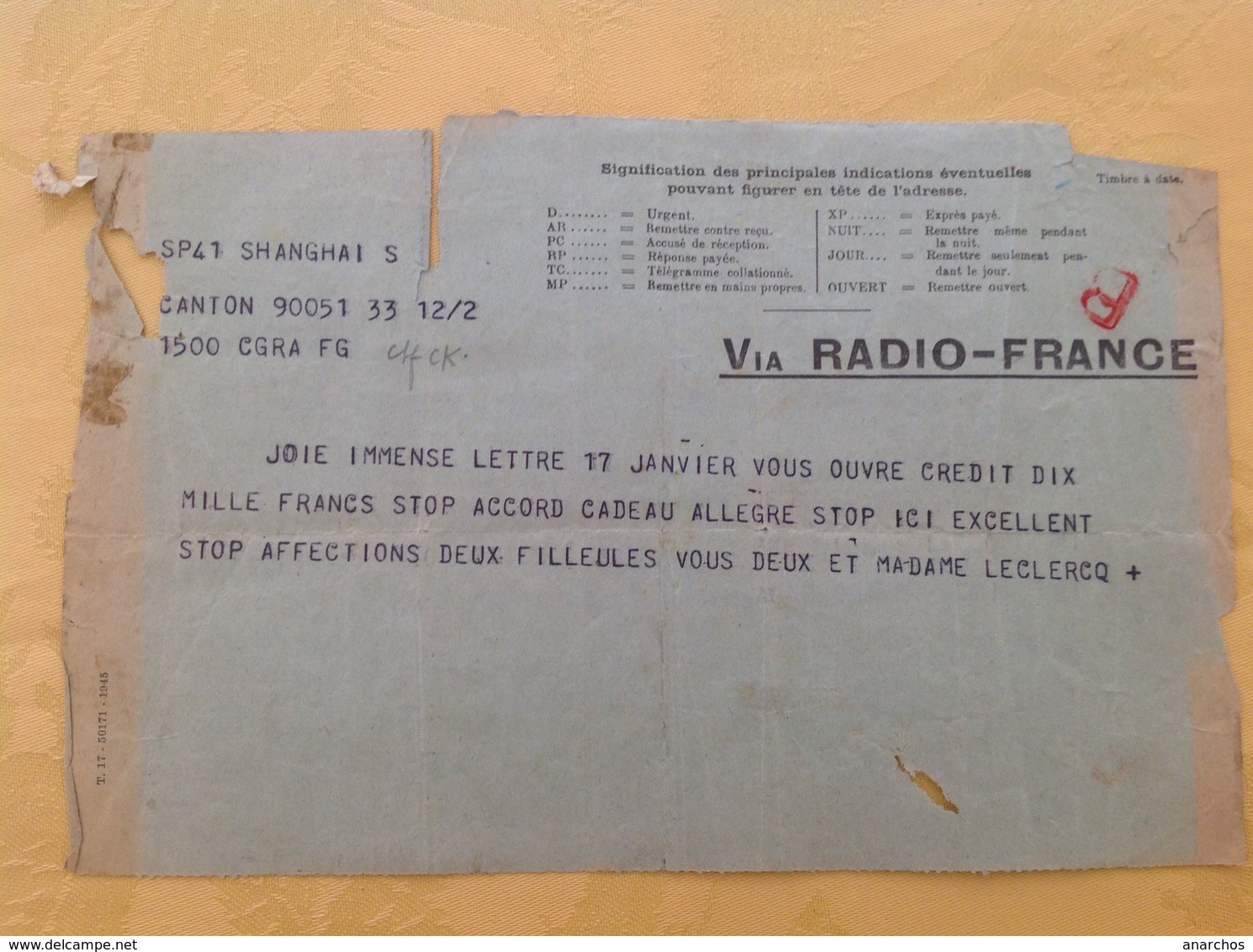 Télégramme Via Radio France Shanghai Canton Paris 1946 - Cachets Manuels