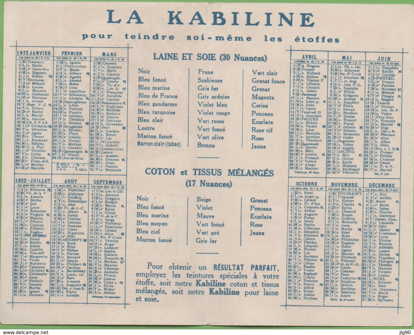 Calendrier 1922 La KABILINE "Pour Teindre Soi-même Les Etoffes" - Small : 1921-40