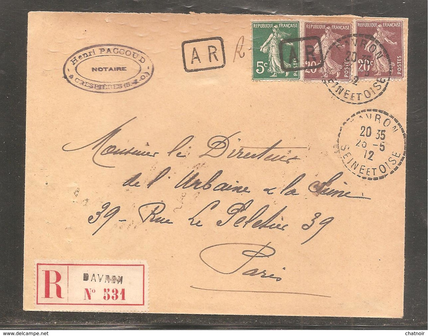 Enveloppe Recom  DAVRON Seine Et Oise   1912    Semeuse  5c  + 20c X 2  Oblit AR Sur Timbres - 1906-38 Säerin, Untergrund Glatt