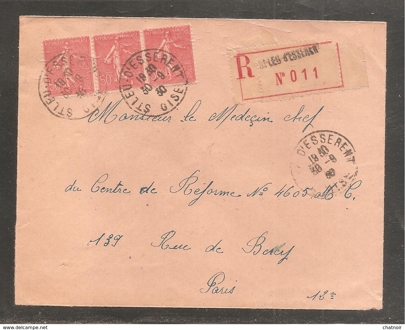 Enveloppe Recom  ST LEU  D ESSERENT    OISE    50C SEMEUSE X 3   1930 - 1903-60 Säerin, Untergrund Schraffiert