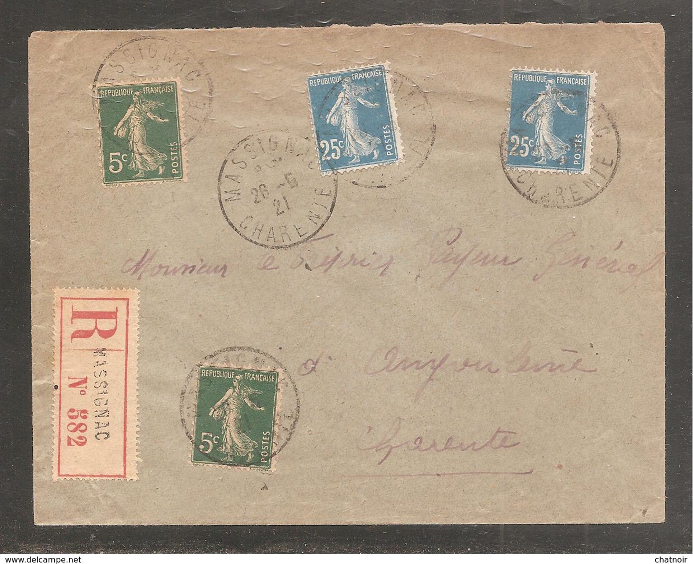 Enveloppe Recom   MASSIGNAC  CHARENTE   1921    Semeuse 5c X 2    25c  X 2 - 1906-38 Säerin, Untergrund Glatt